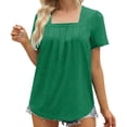 thumbnail image 2 of Wycnly Shirts for Women Soft Breathable Pleated Swing Hem Pullover Tunic Tops Summer Casual Square Neck Short Sleeve Solid Ladies Blouses Green s, 2 of 7