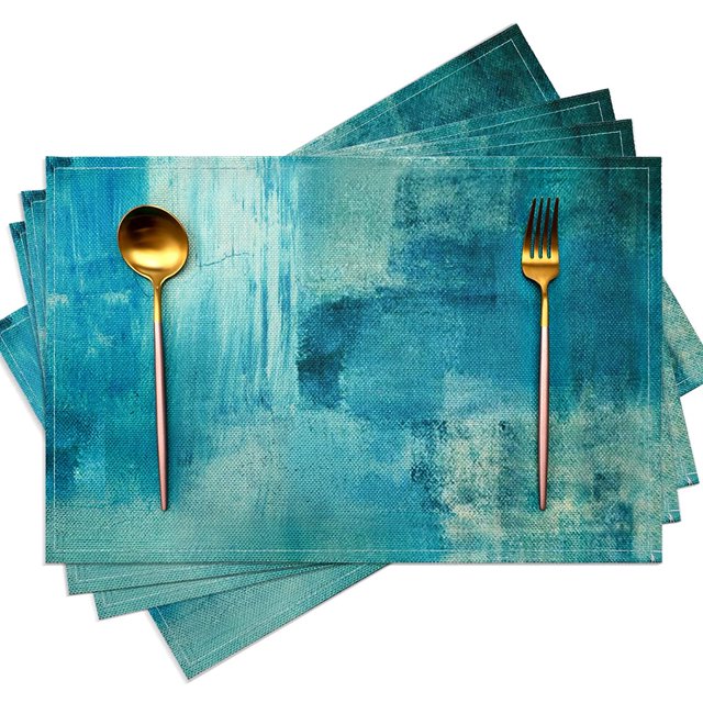 Modern Art Placemats Cafe Placemats Turquoise and Grey Abstract Art Painting Artwork Fabric and Linen Dining Placemats Colorful Placemats for Home Kitchen Decorations 18 x 12 Inches, Turquoise Grey