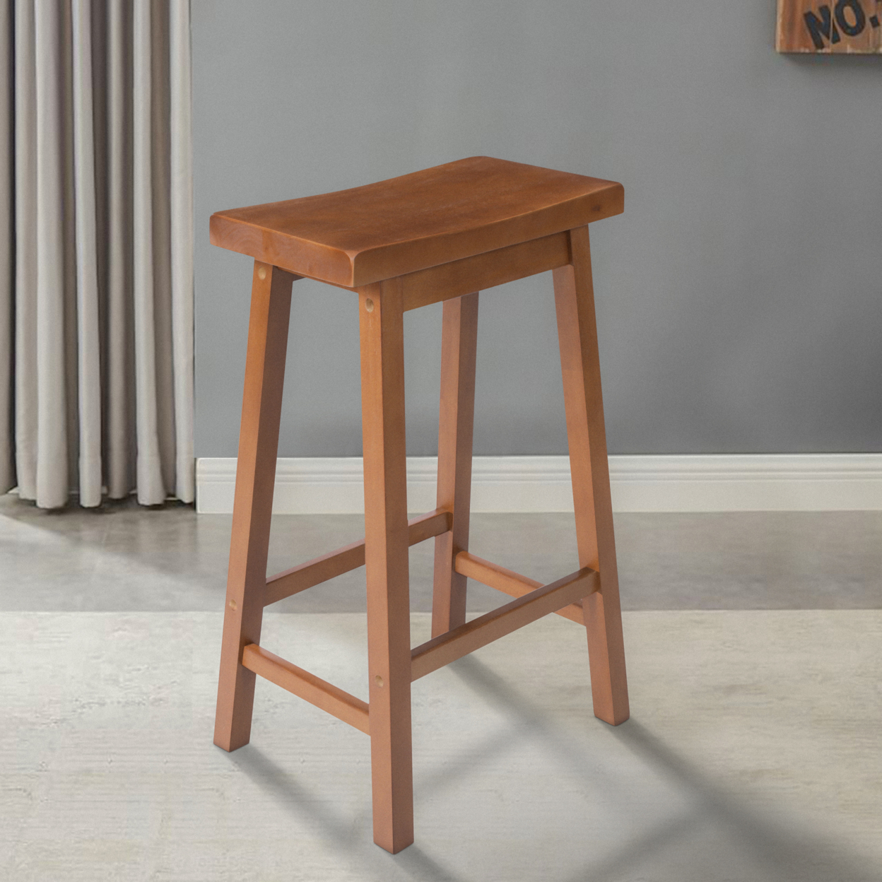 Wooden Counter Height Stool with Saddle Seat, Walnut Brown