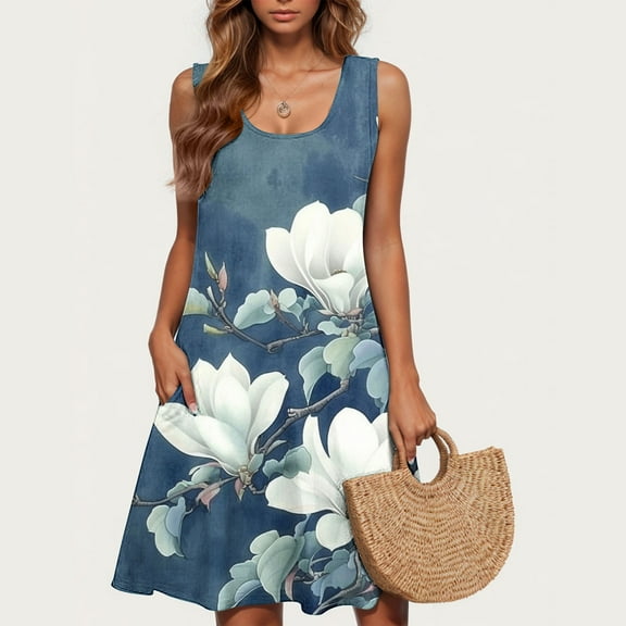 Women Dresses Xqxayjr Womens Summer Tank Midi Sundress Floral Print Sleeveless Casual Holiday Dress Flowy Swing Knee Length Plus Size Scoop Neck Wedding Guest Dresses