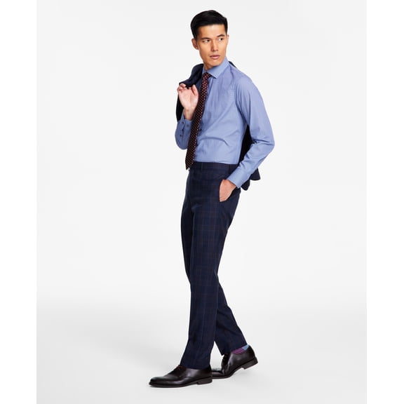 Tallia Mens Slim Fit Stretch Plaid Suit Dress Pants Navy Brown Plaid 36 x 30