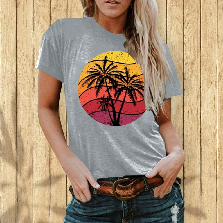 Women's Casual Loose Basic Tees Clearance Vintage Summer Tops Woman Dressy  Short Sleeve Western Shirts Lady Crewneck T Shirt 2023 Tunic Retro Sunset  Graphic Pattern Tees Gray L 