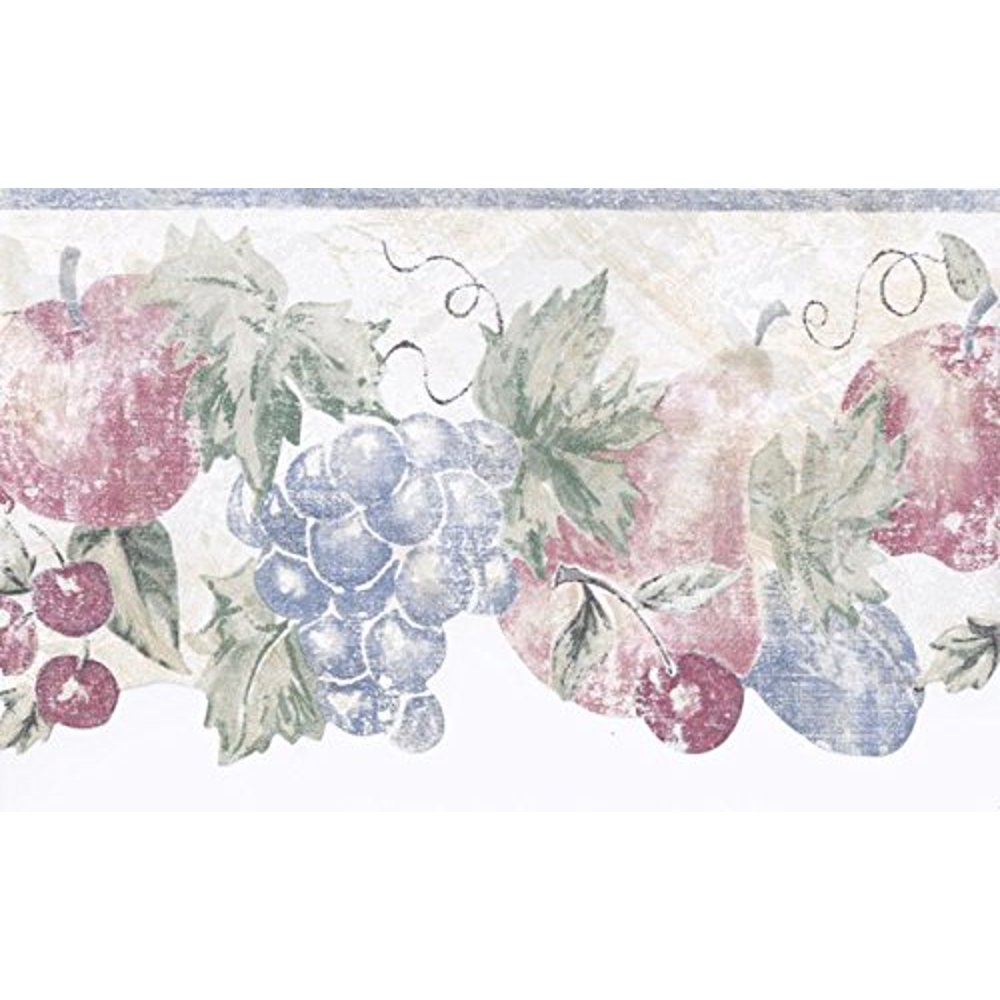 Norwall CL72764DC Stenciled Fruits Wallpaper Border, Blue Cream
