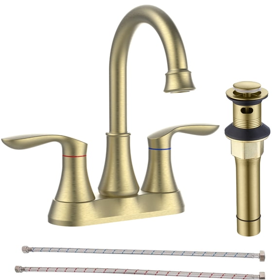JERFIT 4 Inch Centerset Bathroom Sink Faucet with Pop-Up Drain, Brushed Gold 2-Handle High Arc Swivel Spout Faucet, Easy Installation for Vanity