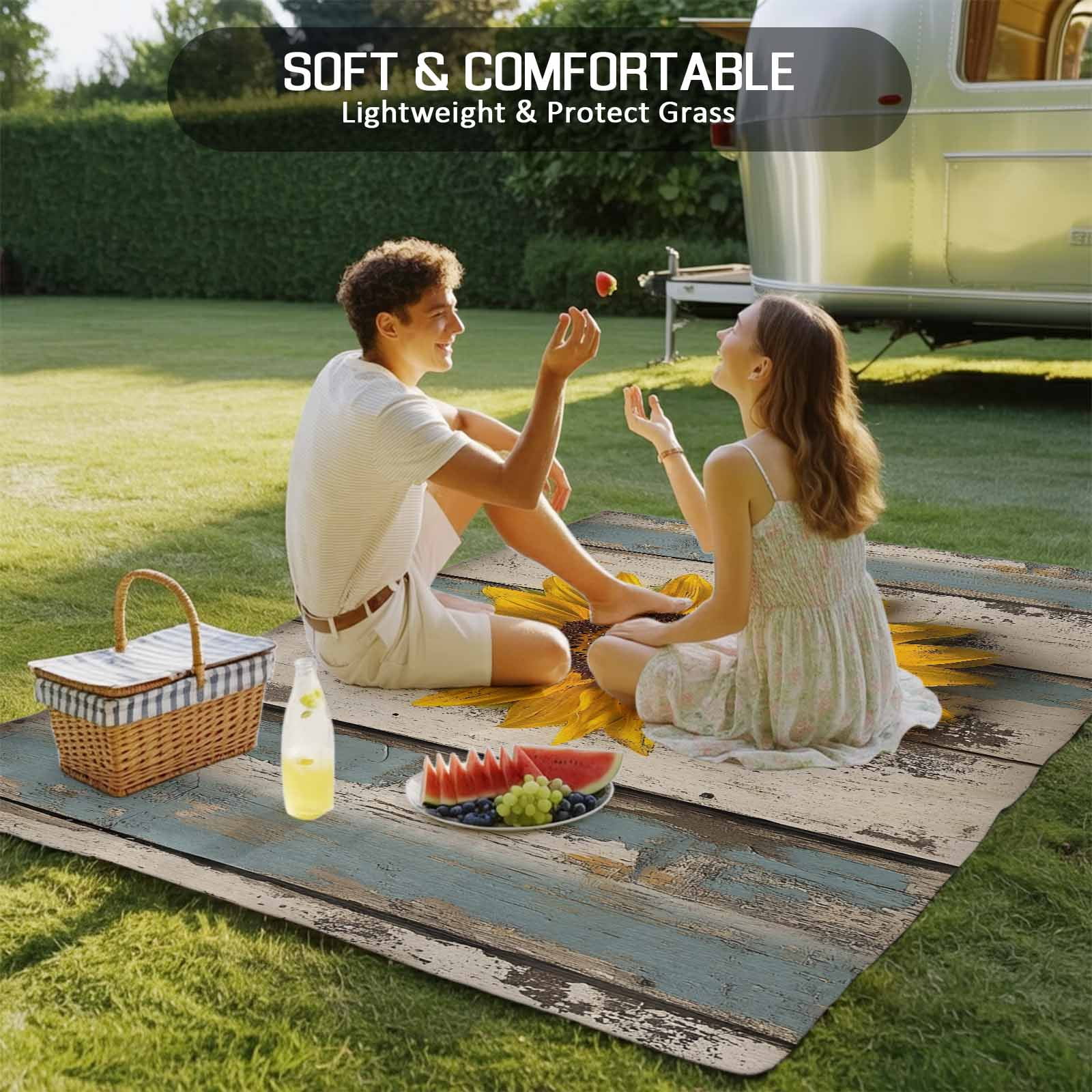 Fsddascl Sunflower Outdoor Rug for Patio/Deck/Porch, Non-Slip Large Area Rug 4 x 6 Ft, Yellow Vintage Summer Botanical Wooden Indoor Outdoor Rugs Washable Area Rugs, Reversible Camping Rug Carpet