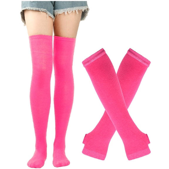 Xfvqtps Womens Thigh High Socks Fingerless Gloves Set Comfort Cotton over the Knee Boot Socks with Long Arm Warmers Mitten and A Set Of Long Socks Suit Hot Pink