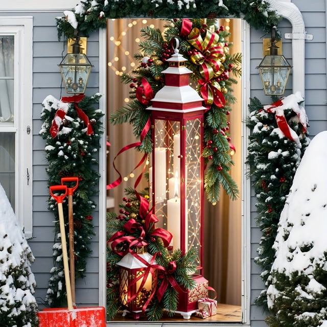 Linnome Christmas Door Decoration Kit - Santa Claus Themed Hanging Cloth with Border Stickers for Festive Entryways