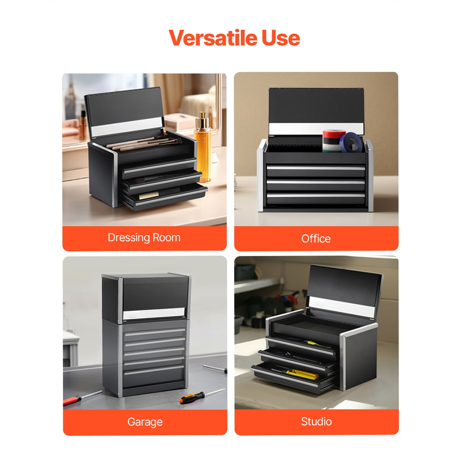 KFFKFF Steel Toolbox, 8.6-inch, Compact Steel Toolbox with Trio Drawers, Petite Equipment Caddy with EVA Cushions and PP Stabilizers, Robust Steel with Ball Bearing Access and Powdered Finish, Ebony