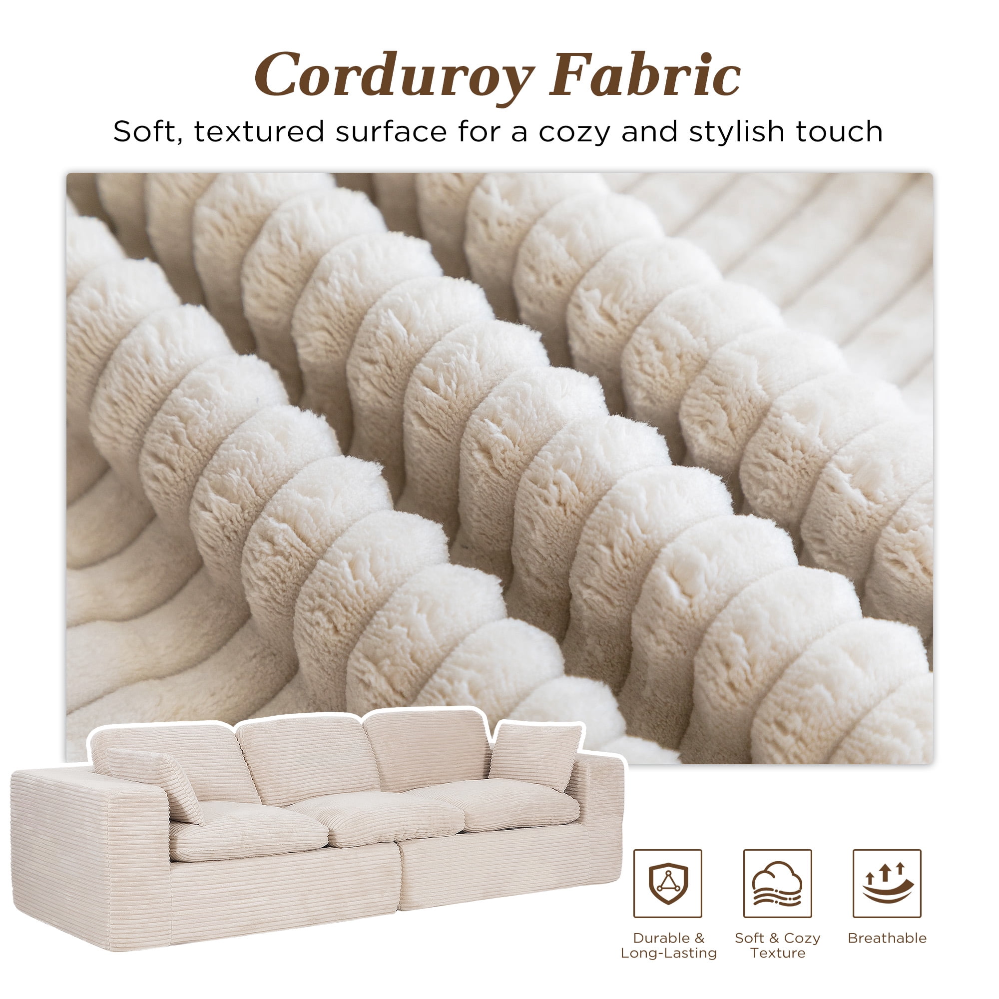 YODOLLA 110" Oversized Boneless Couch for Living Room,Cloud Sectional Sofa with Fluffy Corduroy Seat Cushions, 3 Seater Upholstered Floor Sofa, No Assembly Required, Beige