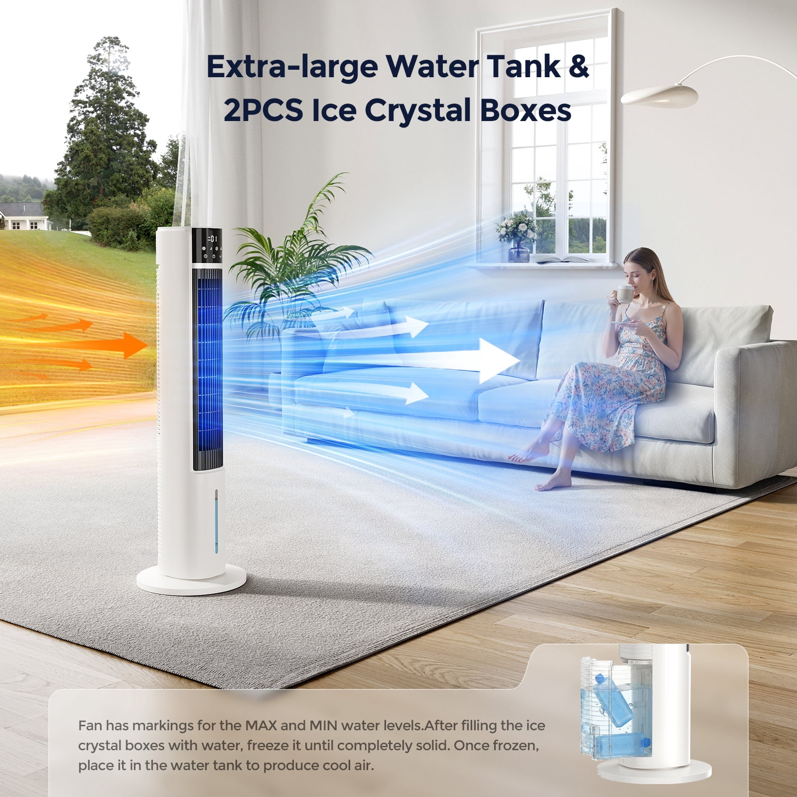 Evaporative Air Cooler Tower Fan for Home Bedroom, 40" Floor Standing Cooling Fans,90° Oscillating,4 Modes & 4 Speeds,12H Timer,2 Ice Crystal Boxes