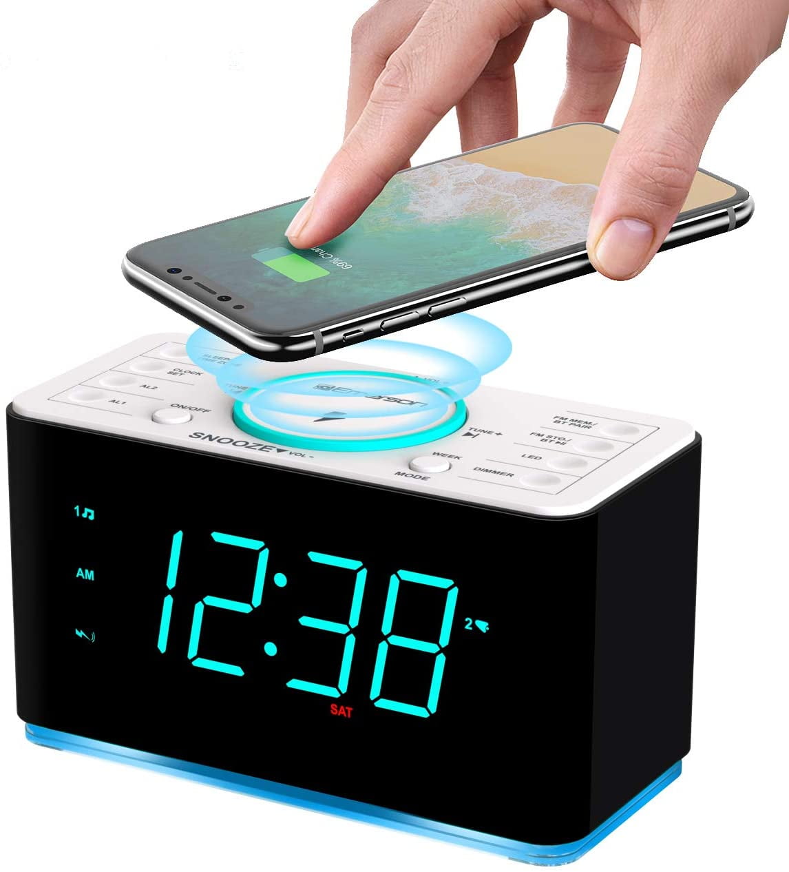Emerson SMARTSET® 15W Wireless Ultra Fast Charging Dual Alarm Radio with Bluetooth Speaker, USB Charger, Night Light  and 1.4” Cyan LED Display ER100401
