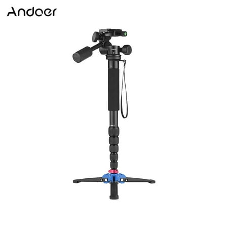 Andoer Portable Aluminum Alloy 6-Section Monopod with 3 Way Camera Video Damping Head Unipod Holder Max. Height 169cm 1/4