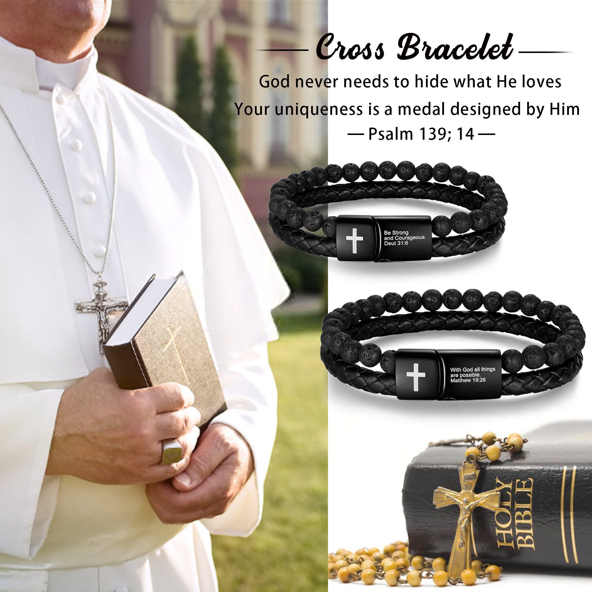 Jewmon Men's Stainless Steel Cross Bracelet with Lava Rock Beads photo 8