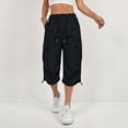 thumbnail image 2 of LEAVINGSUO Cargo Pants Women Solid Color Casual Straight Leg Stretch Waistband Pocket Workwear Capri Pants Black S, 2 of 7