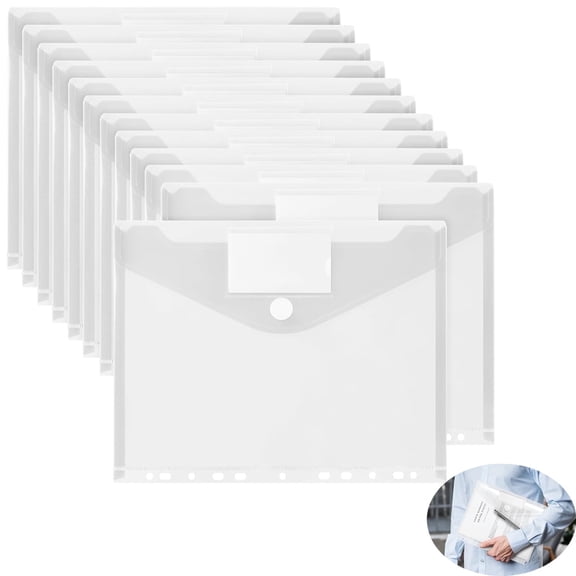 Tutuviw 12Pcs Binder Pockets for 2/3/4 Ring,11 Holes Binder Folders,Clear Document Folders,A4 Size Clear Document Envelopes,Snap Button Pouch with Label for Home Work Organization