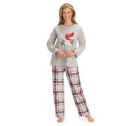Collections Etc 2-Piece Fleece Cardinal & Poinsettia Plaid Pajama Set