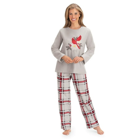 Collections Etc 2-Piece Fleece Cardinal & Poinsettia Plaid Pajama Set