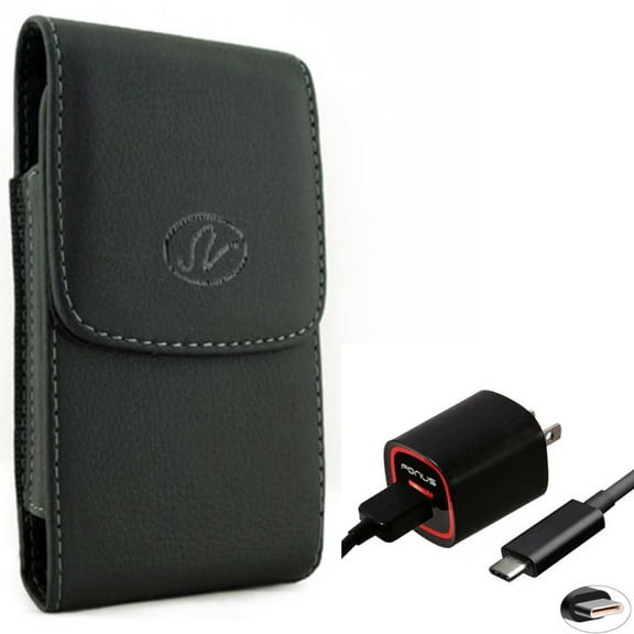 Holster Leather Case Belt Clip w USB Cable 2.4A Home Charger for Razer Phone 2 - Samsung Galaxy XCover Pro S9 Plus S8 Plus S22 Plus FieldPro active S21 FE 5G A53 5G A52 5G A51 5G A50 A33 5G