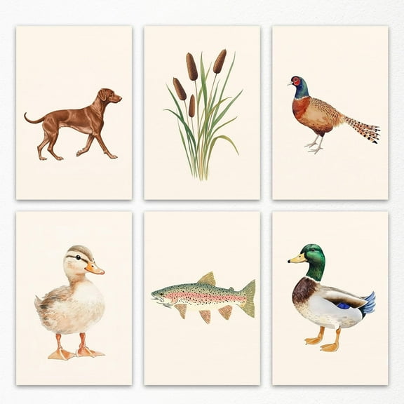 Nursery Animal Canvas Wall Art, Mallard Duck Hunting Poster, Fish Fishing Wall Decor, Set of 6 Watercolor Animals Painting for Kids, Farm Plant Picture, Dog Bird Turkey Cabin  Perfect holiday gift