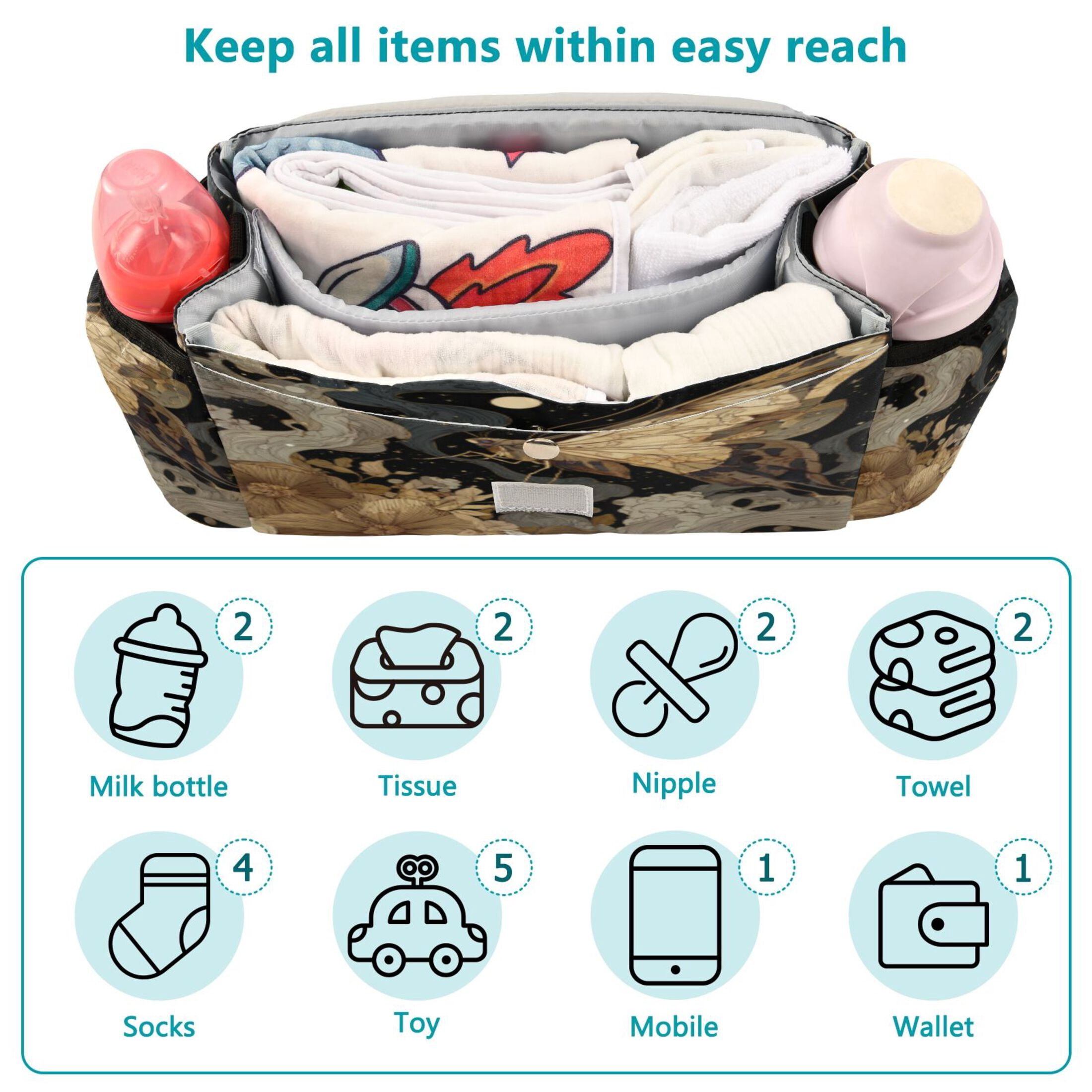 DIXRUYEE Stroller Organizer Ornate Moon Garden Printed