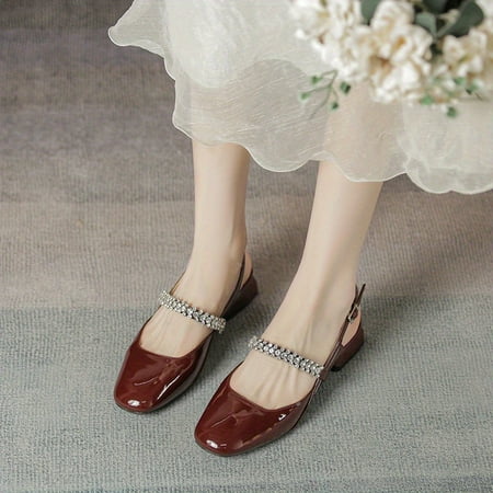

Women‘s Rhinestone Strap Block Heel Mary Jane Solid Color Square Toe Buckle Strap Slingback Sandals Versatile Low Heels