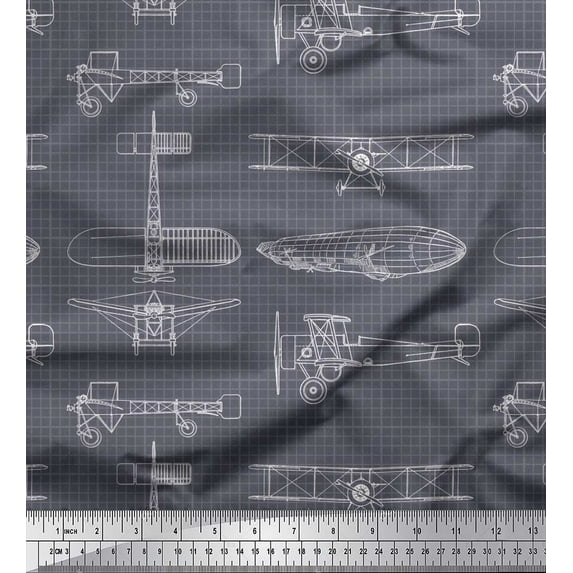 Soimoi Rayon Fabric Check & Airplane Transport Decor Fabric Printed Yard 42 Inch Wide