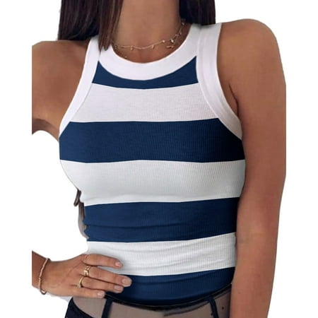 Fashion Womens Summer Tank Tops Printed Undershirts Skinny Round Neck ...