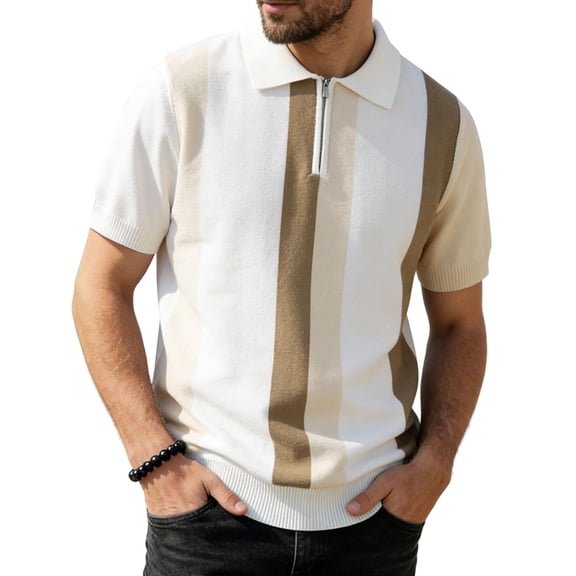 LEKWK Mens Stripe Shirt Short Sleeve Quarter Zip Collared Tees Lightweight Ribbed Hem Retro Casual Golf Tops Resort Vacation Summer Shirts Khaki XL