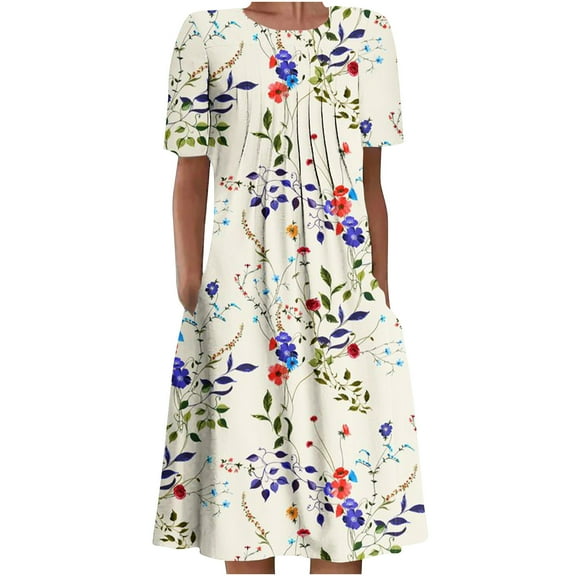Ecqkame Womens Summer Cotton Linen Dress Flowy Round Neck Floral Print Dress Casual Short Sleeved Long Beach Dress with Pockets 01-Beige M
