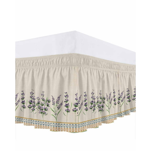 Lavender Flower Bed Skirt Queen Size 18" Drop Purple Floral Boho Beige Style Ruffled Wrap Around Bed Skirts Adjustable Elastic Bedskirt Dust Ruffle for Queen Size Bed