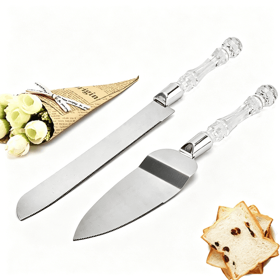 EXLEAF Elegant Cake Knife and Server Set Stainless Steel with Crystal Handle - Perfect for Weddings Anniversaries,And Special Celebrations (Sliver)