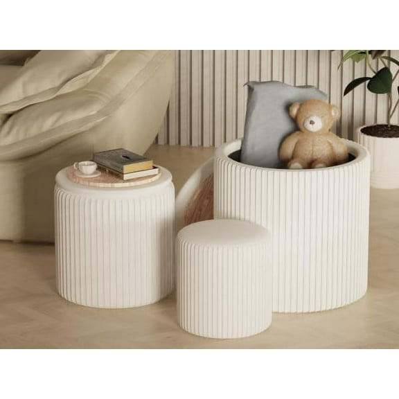 Round Set of 3 Ottoman with Storage-Upholstered Velvet Vanity Stool for Makeup Multifunctional Ottomans Coffee Table Padded Seat Foot Rest for Living Room&Bedroom(White)