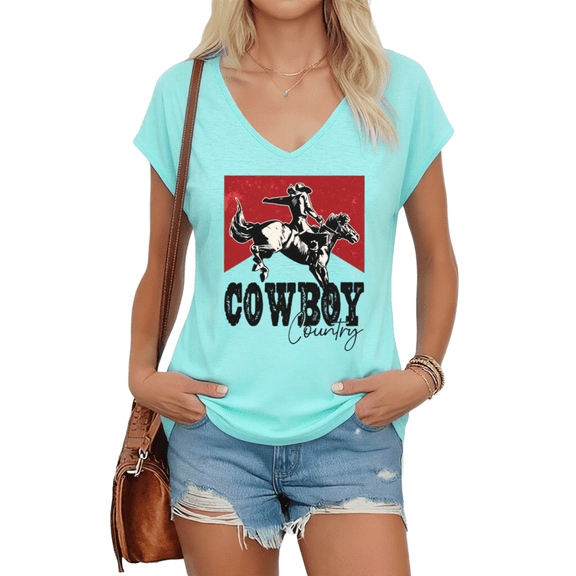 UNISHE Womens Blue Cowboy Country Print V Neck Short Sleeve T-Shirt Festival S-5XL Tops