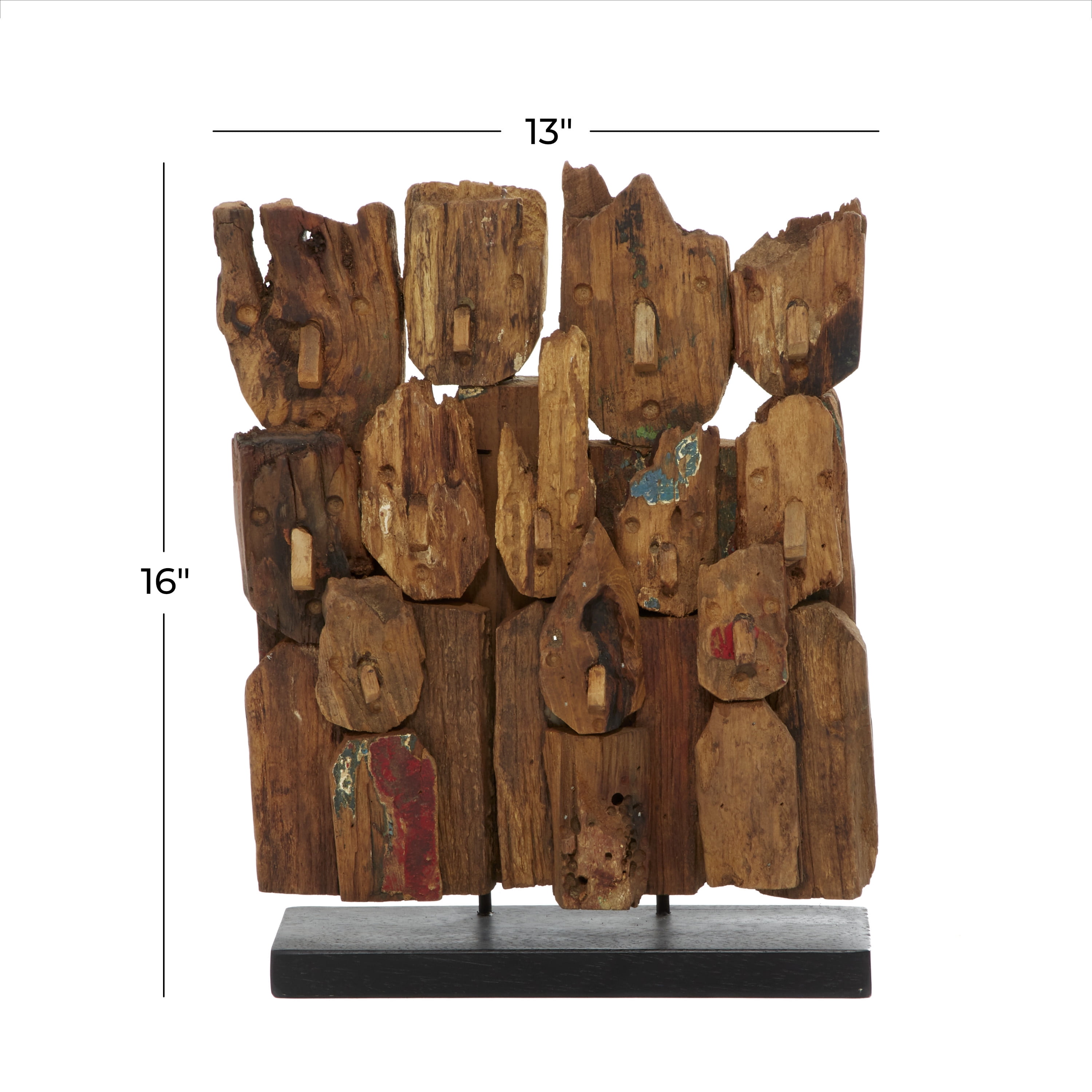 13" x 16" Brown Teak Wood Handmade Carved Abstract Sculpture with Faces, by DecMode