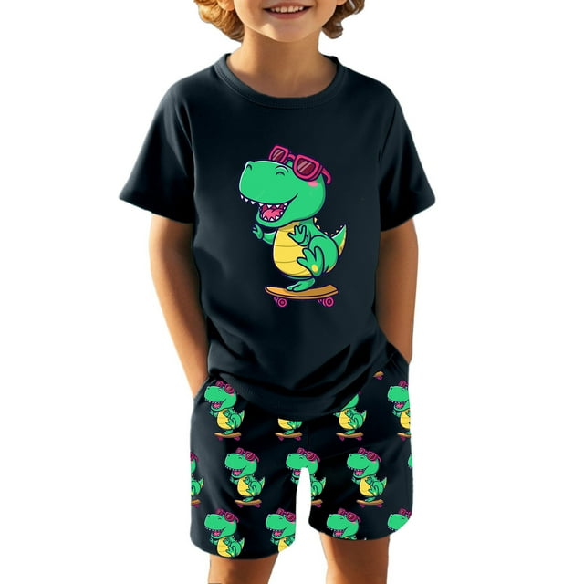 Vêtements d'Été pour Garçon, Ensemble T-Shirt à Col Rond Dinosaure et Short, Pyjama Garçon 4T