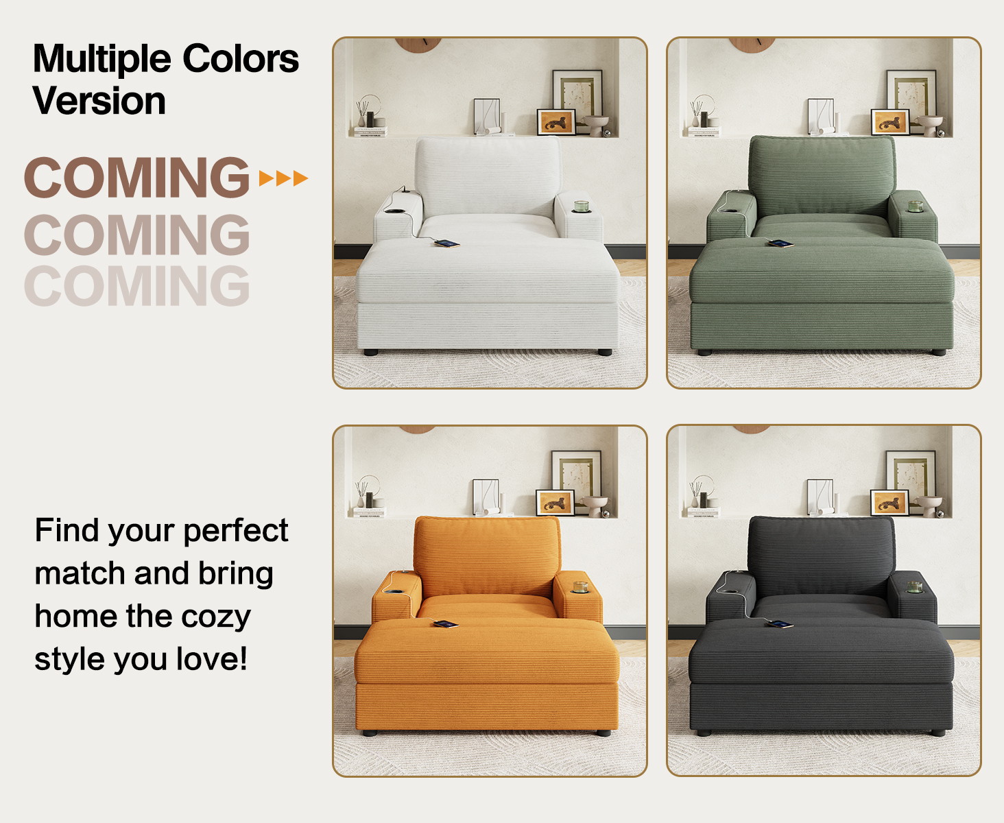 Chaise Lounge Chair, Oversized Sofa Bed with Storage Ottoman and Built-in USB Charging Port, Corduroy Upholstered Sleeper with Dual Cup Holders and Deep Seat, Reading Couch, Green