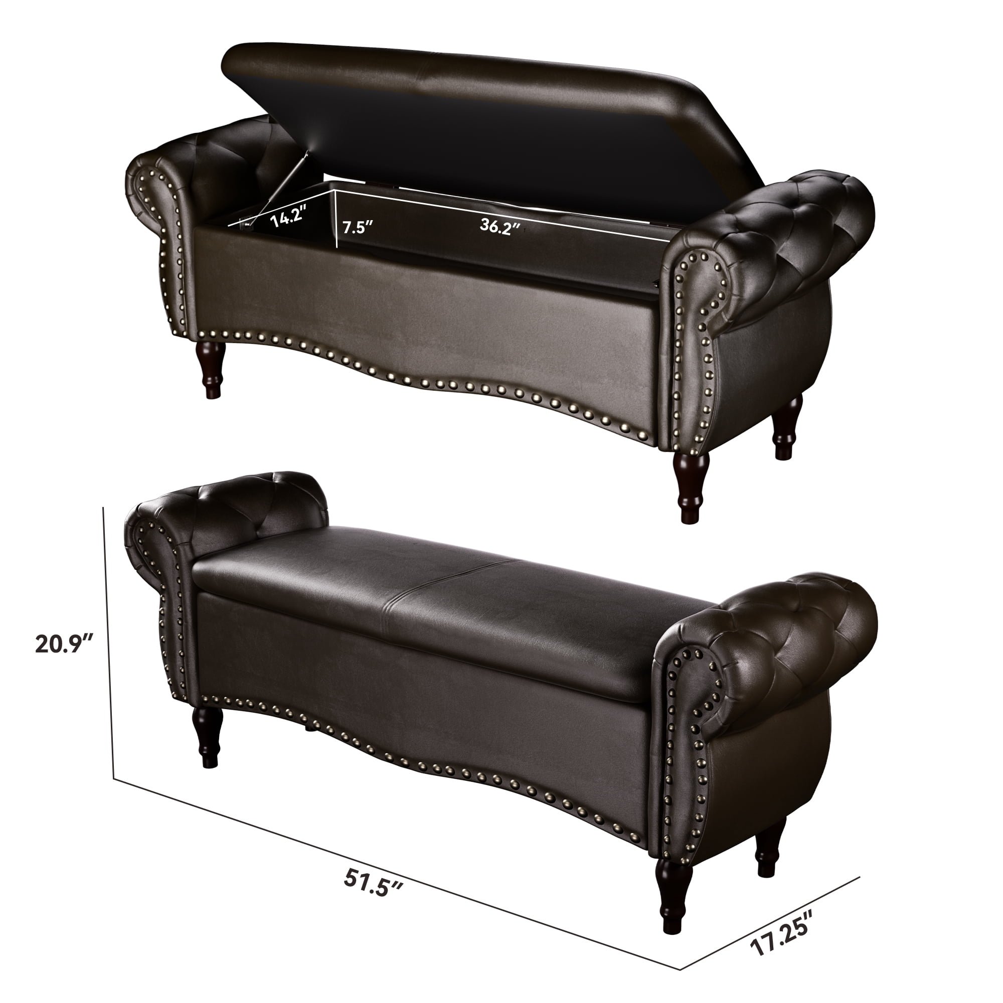 YIKEMA Upholstered PU Leather Rectangle Storage Ottoman Bench with Nailhead Trim, 51.5", Dark Brown