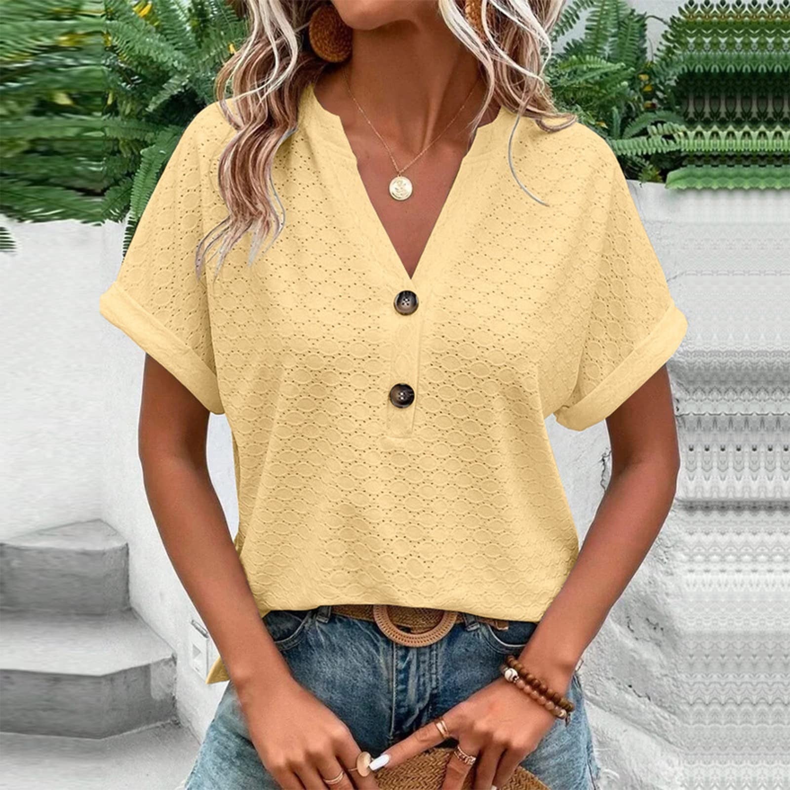Lolmot Summer Tops For Women Fashion Women New Style Solid Color Button T Shirts Breathful Comfy V Neck Short Sleeve Blouses Loose Casual Ladies Tops