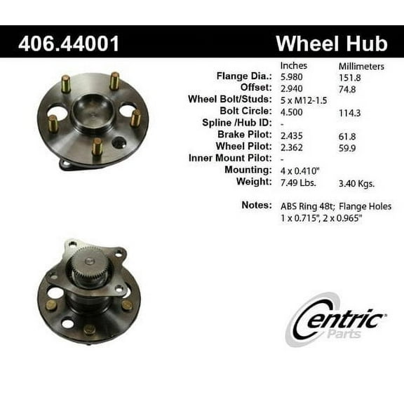 CENTRIC PARTS - HUB ASSEMBLY Fits select: 1992-2001 TOYOTA CAMRY, 1995-2004 TOYOTA AVALON