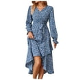 thumbnail image 5 of AKOEE Long Sleeve Fall Dress Wrap V Neck Floral Print Tie Waist Flowy Swing Casual Loose Midi Dress Women S-XXL (X-Large, Blue), 5 of 5