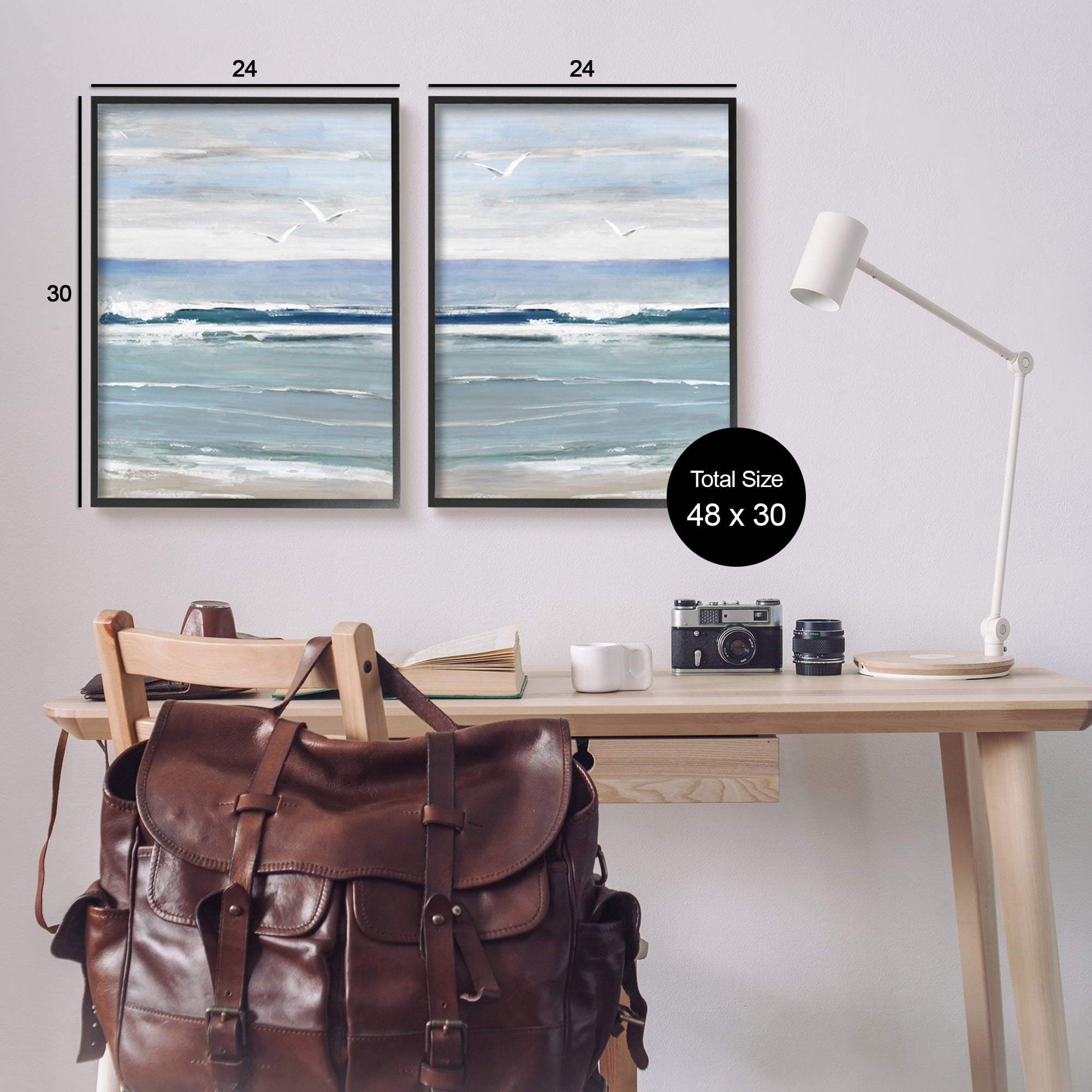 Stupell Industries Seagulls over Beach Waves Landscape Painting Black Framed Art Print Wall Art, 24 x 30, Set of 2