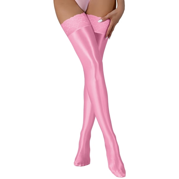 Ausing Women's Opaque Oil Shiny Lace Thigh High Stocking Lace Top Thigh High Sheer Stockings Over Knee Silk Tights Shaping Sockings Pink