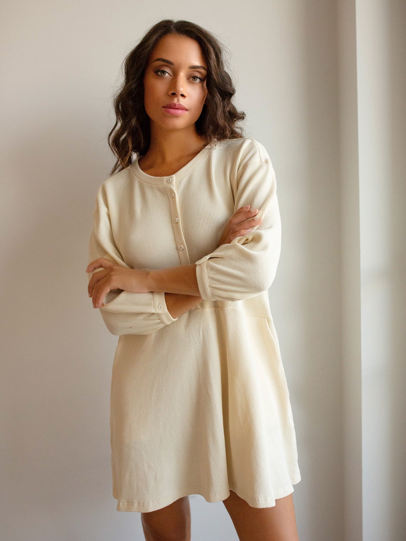 Women's Solid Button Front Waffle Knit 