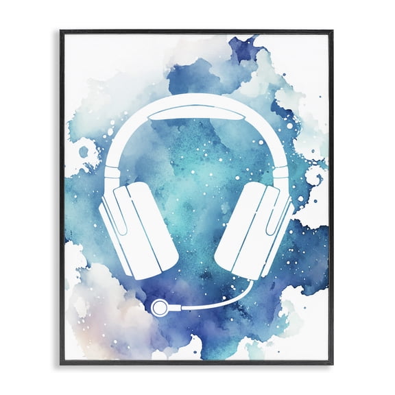 Blue Headphone Splatter Black Framed Giclee Art, design by Marcus Prime