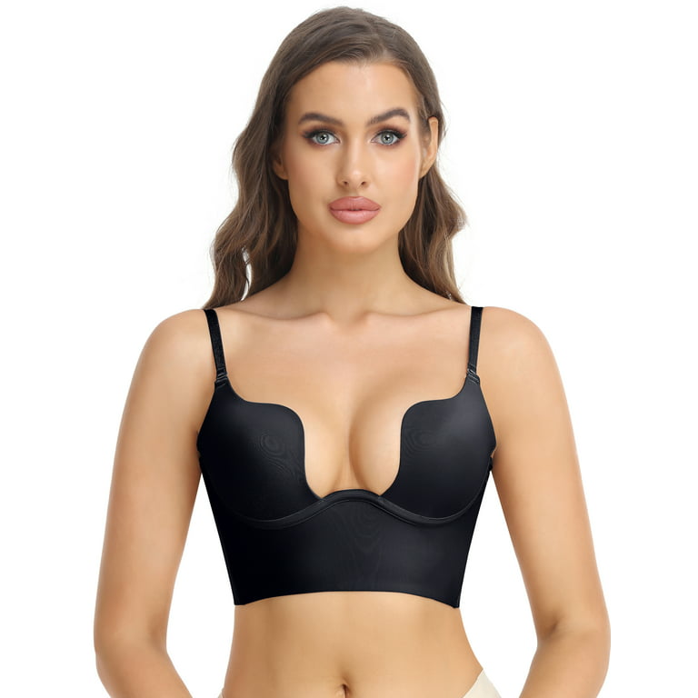 Women Low Back Push Up Bra Deep U Plunge Backless Bra with Convertible  Strap 