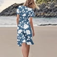 thumbnail image 4 of Smsaxvxz Women's Summer Dresses Fashion Floral Printed V Neck Short Sleeve Slim Waist Casual Flowy Hem Knee High Beach Vacation Sundress Navy M, 4 of 7