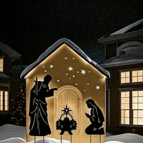 HELLOYOUNG Christmas Manger Scene Patio Pole with Iron Nativity Silhouette Lawn Outdoor Metal Garden Decoration Suitable for Christmas, Easter and Other Religious Holidays Patio Decoration