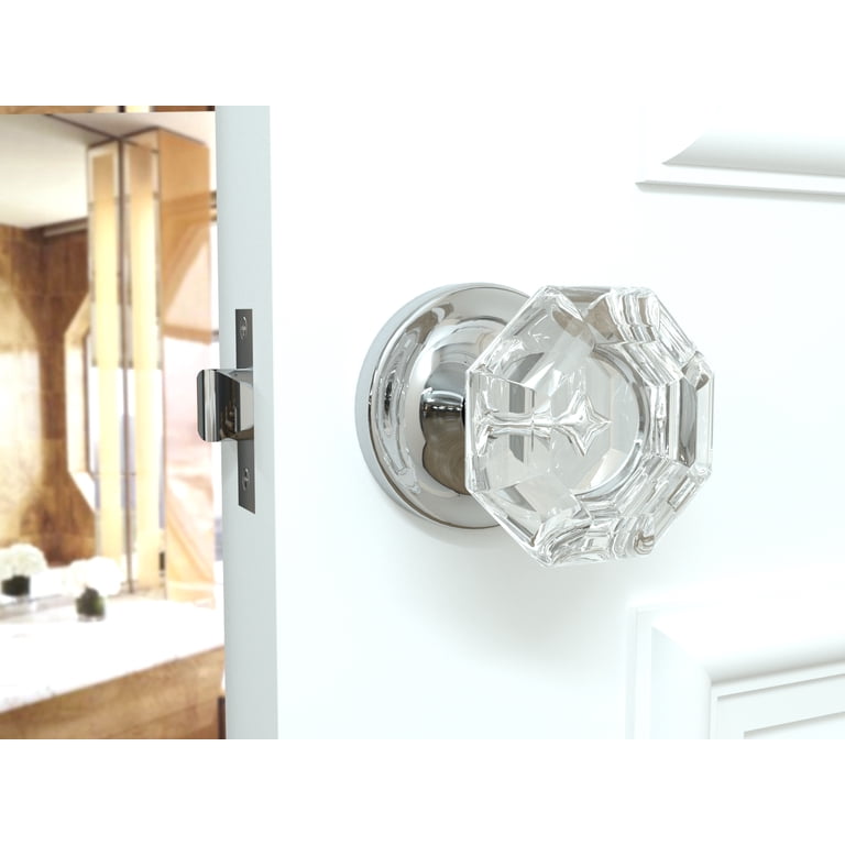Crystal Exterior Door Lock Set – Octagonal Glass Knob With Single Cylinder Deadbolt, Polished Chrome, Keyed Alike