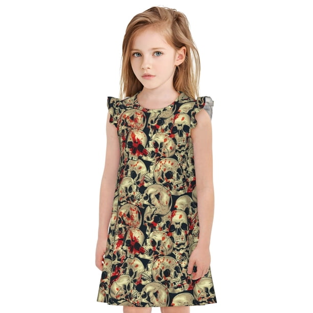 Fotbe Skulls1 Vestido de Dormir para Niñas de 3 a 10 Años, Mangas Cortas, Estilo Princesa, Pijama Camisón con Mangas Voladas-Medium