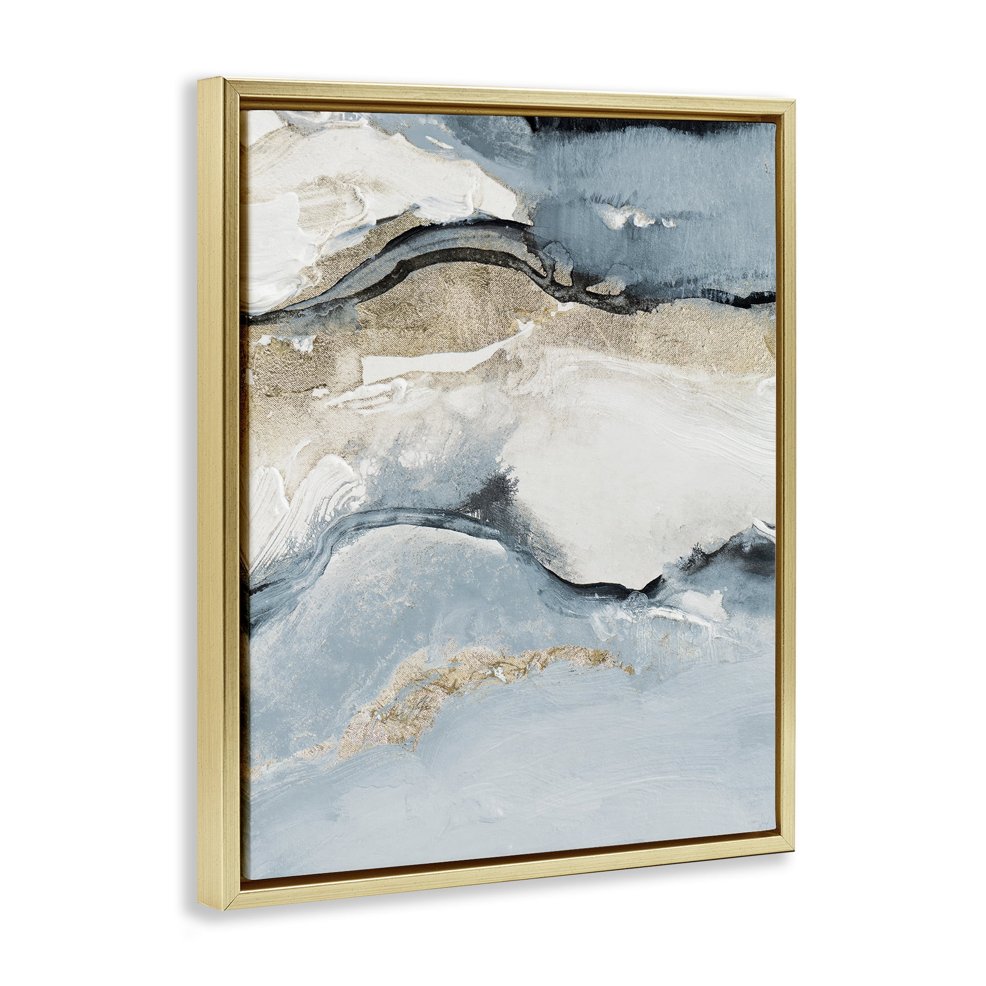 Stupell Industries Blue Organic Agate Pattern Abstract Painting Gold Floater Framed Canvas Art Print Wall Art, 17 x 21